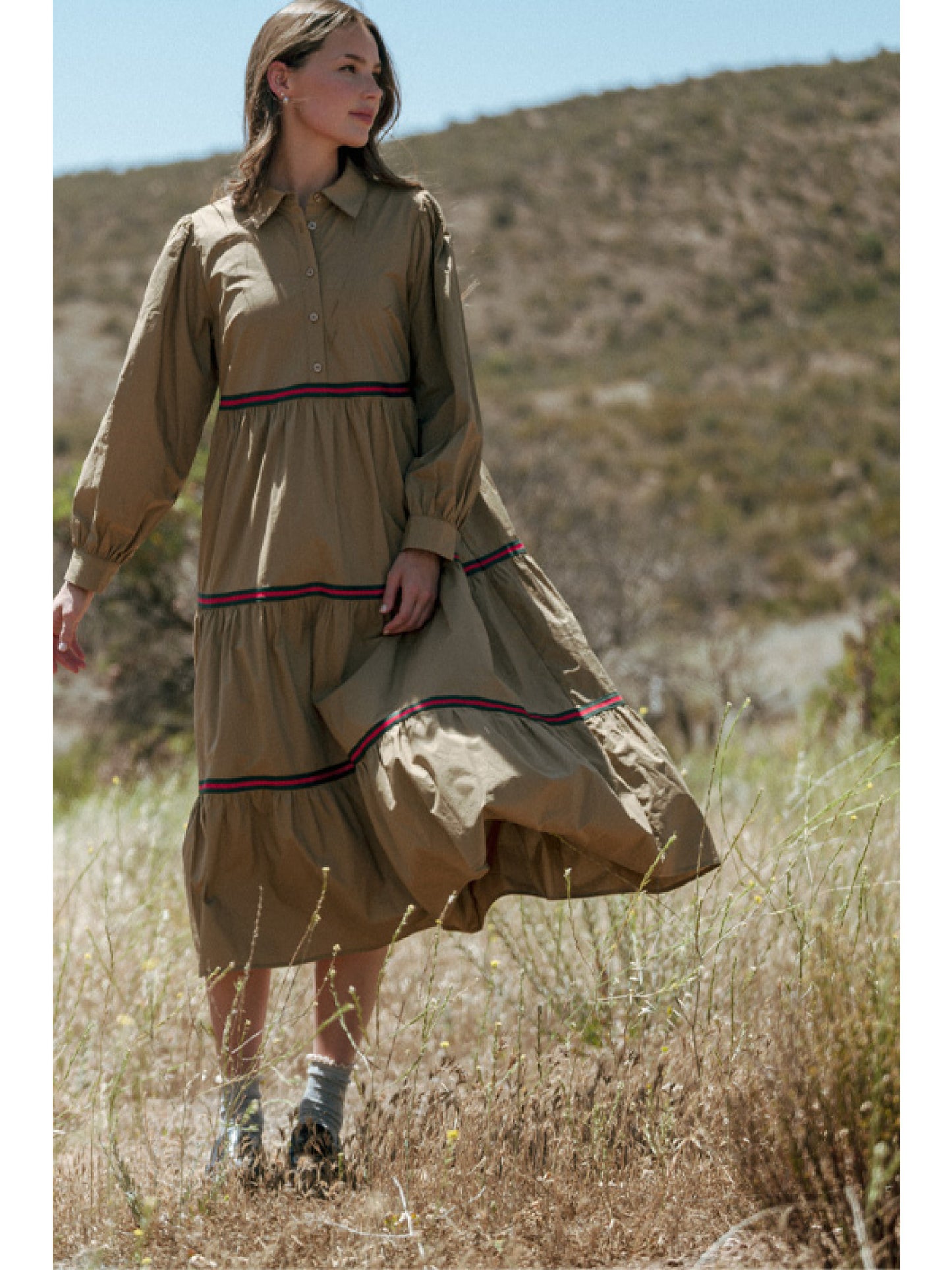 Dress - Midi Tape Trim Accent - Taupe