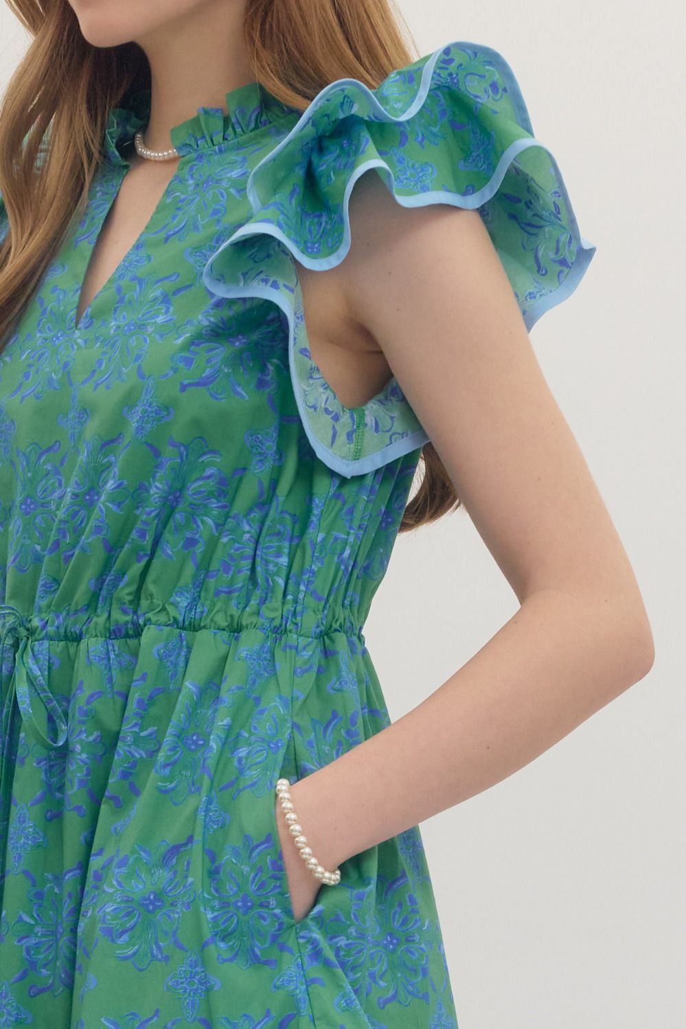 Entro - Dress - Mini Flutter V Neck - Green Blue - Findlay Rowe Designs