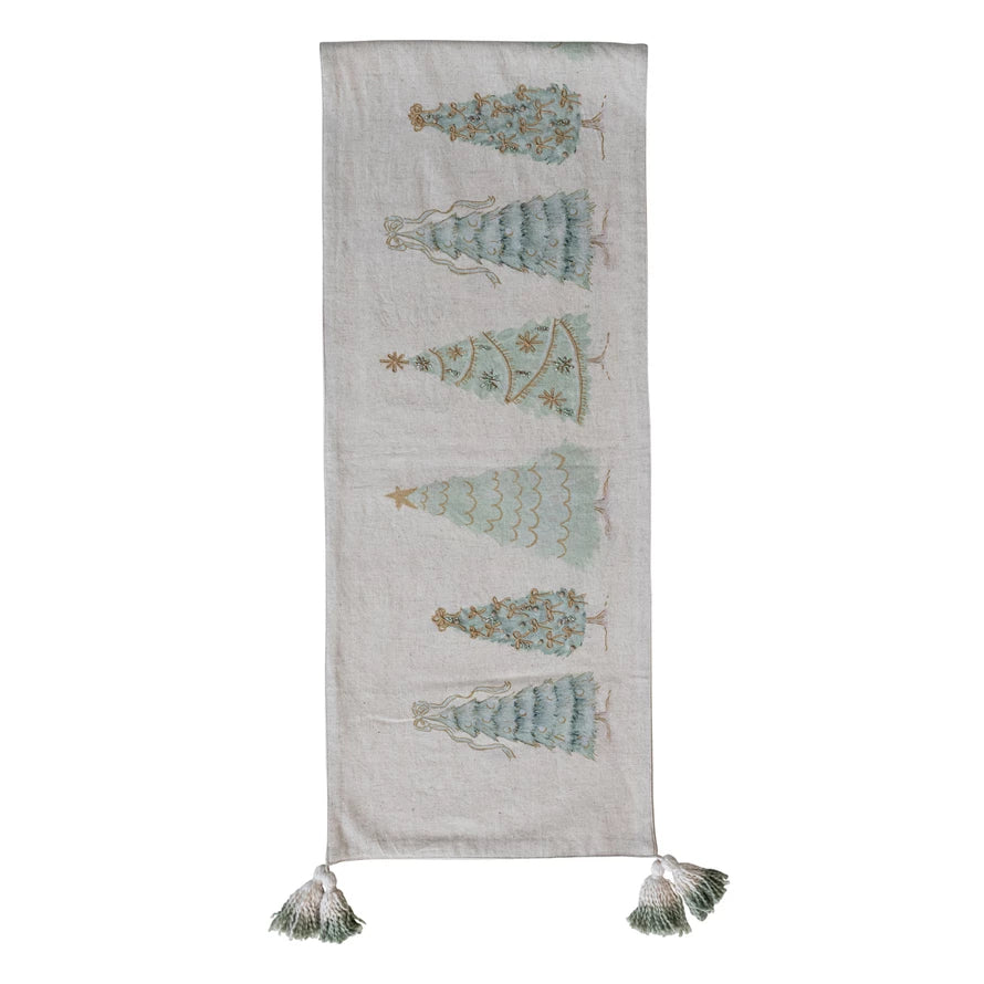 Table Runner - Linen - Trees Beads Tassels