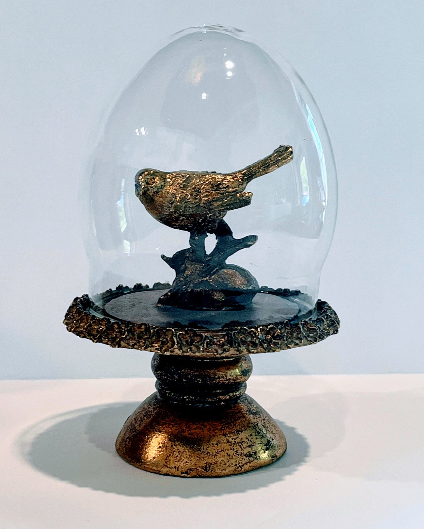 Glass Cloche - Gold Bird on Pedestal - 6.5 Inch - Findlay Rowe Designs
