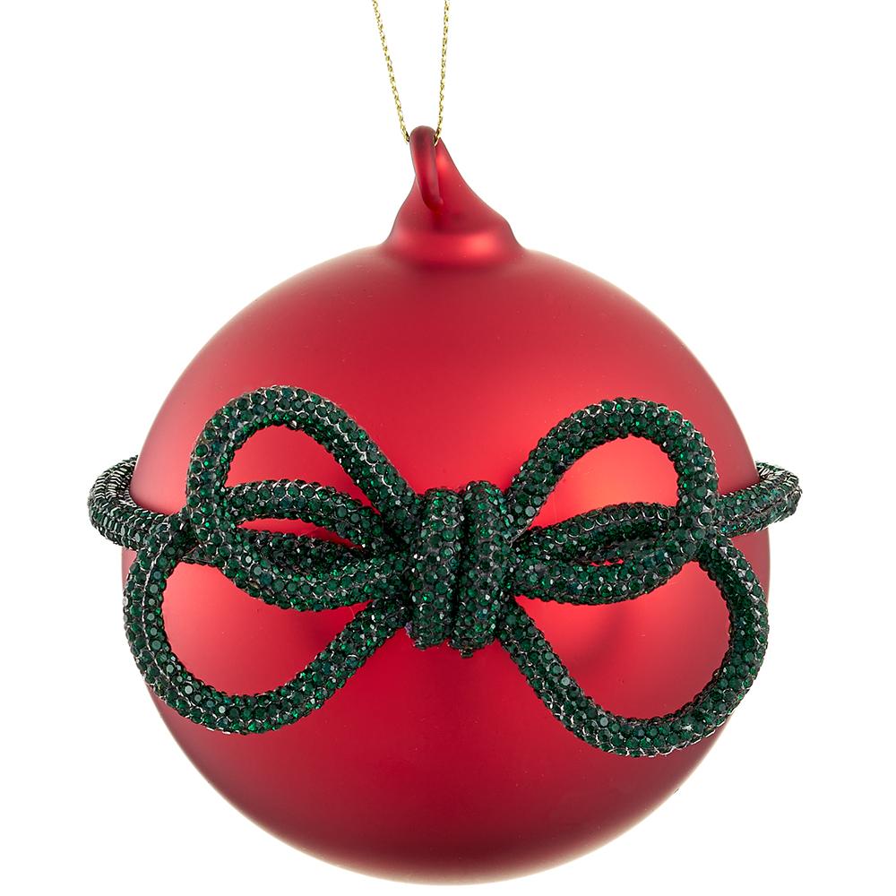 Ornament - 4" Glass Ball Ornament With Diamond Bow Red