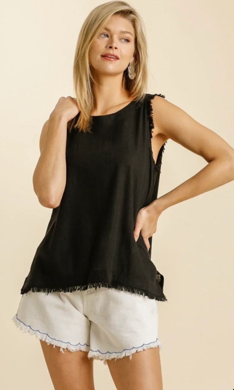 Umgee - Top - Back Button Down Sleeveless Frayed Hem - Orchid Blue
