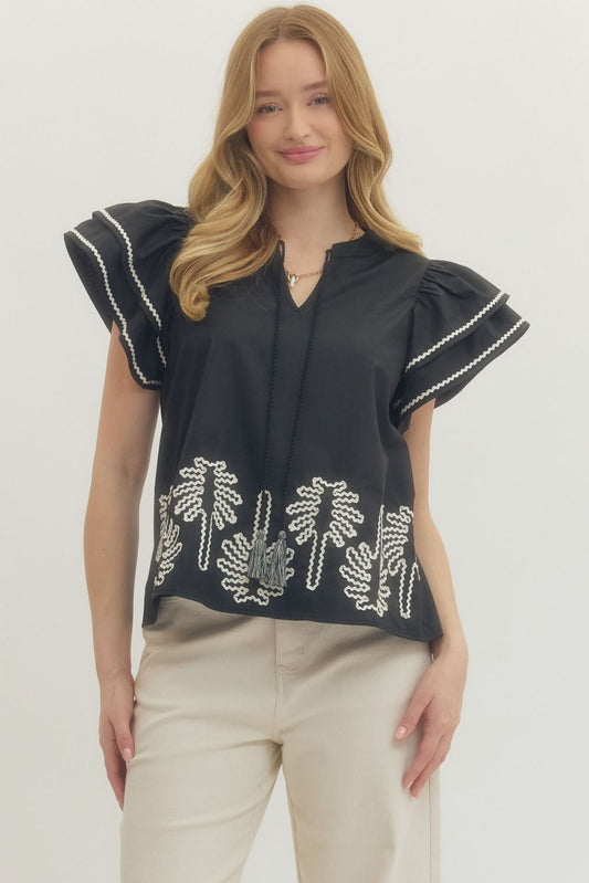 Entro - Top - Flutter Sleeve - Black Embroidered - Findlay Rowe Designs