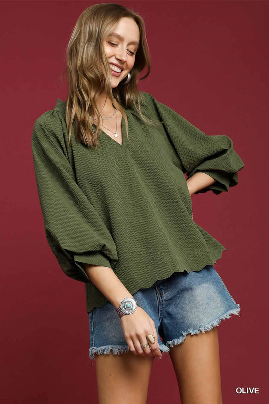 Umgee - Top - V Neck Balloon Sleeves  - Olive