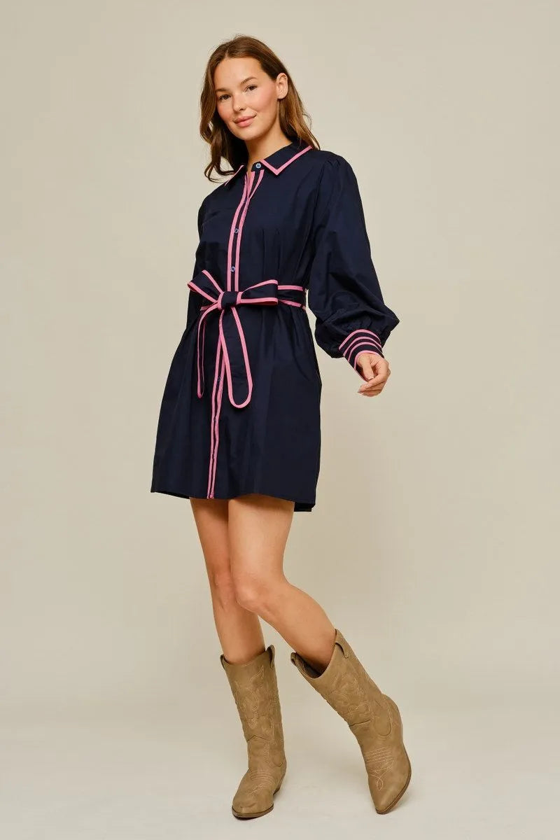 Jodifil - Dress - Mini Bishop Sleeve - Pink Contrast - Navy - Findlay Rowe Designs