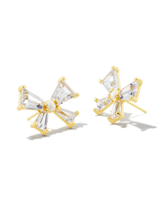 Blair Gold Bow Stud Earrings in White Crystal