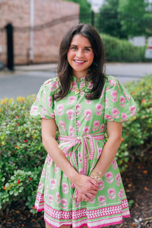 Dress - Mini Floral Puff Sleeve - Green - Findlay Rowe Designs