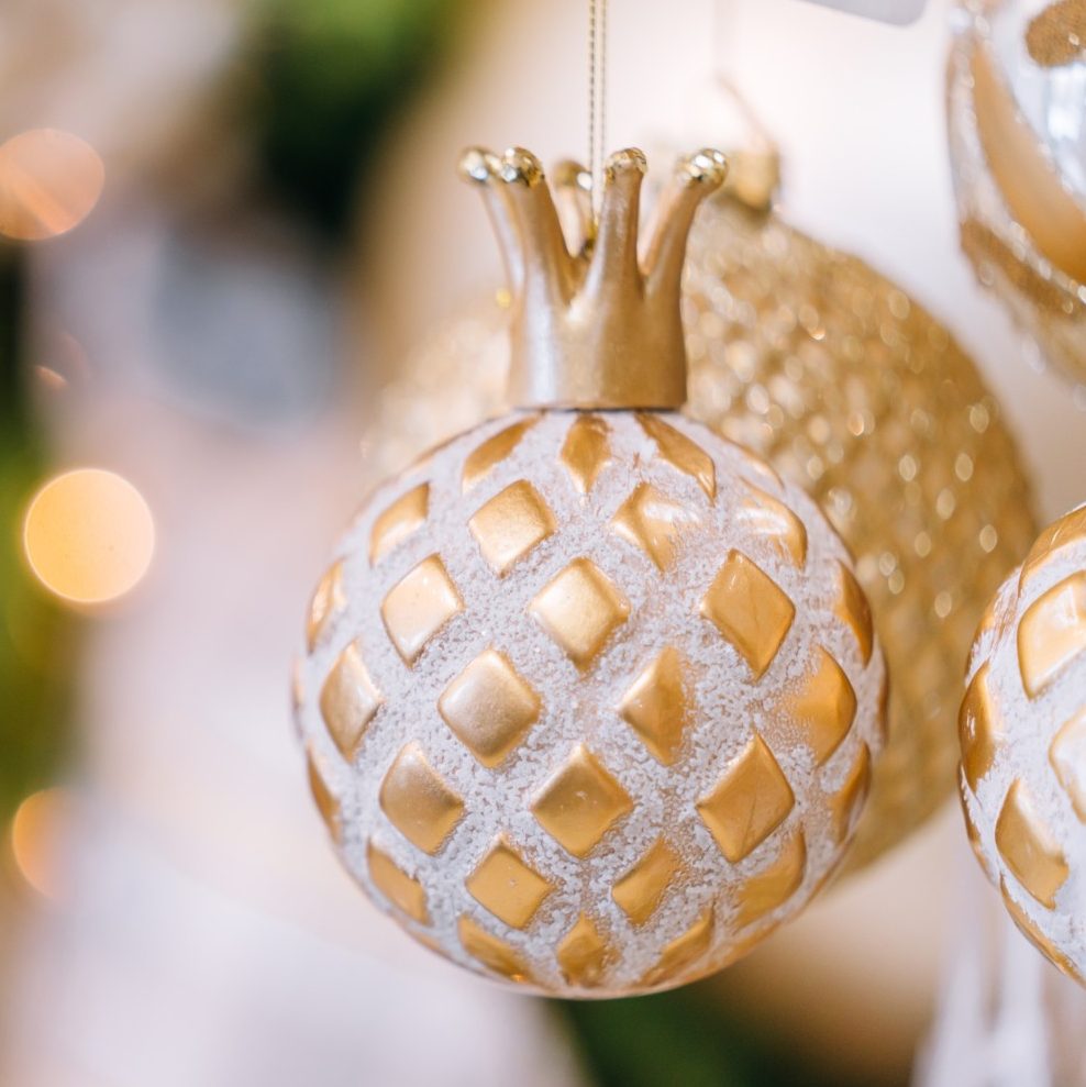 Gold and white Glass ornament with Crown Findlay Rowe Designs