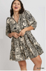 Two Tone Print A-Line Tiered Dress with 3/4 Sleeve & Piping