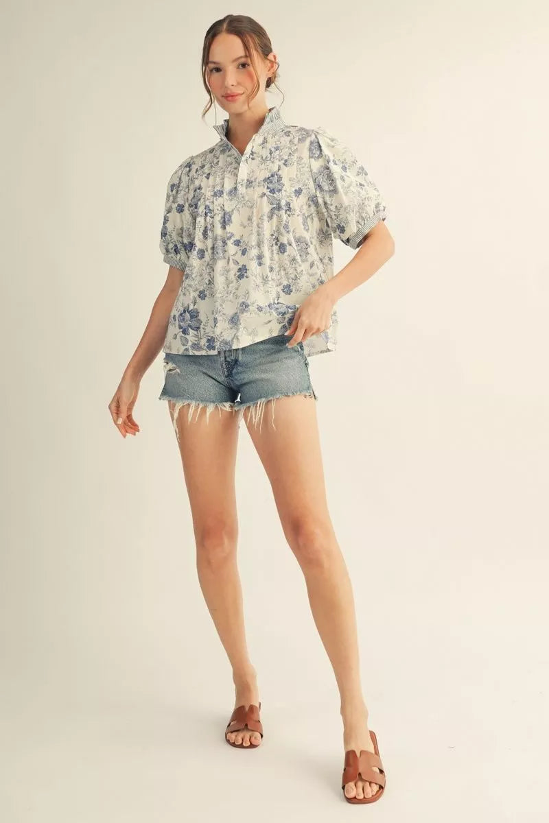 Jodifil - Top - Puff Sleeve Henley - Blue Print - Findlay Rowe Designs