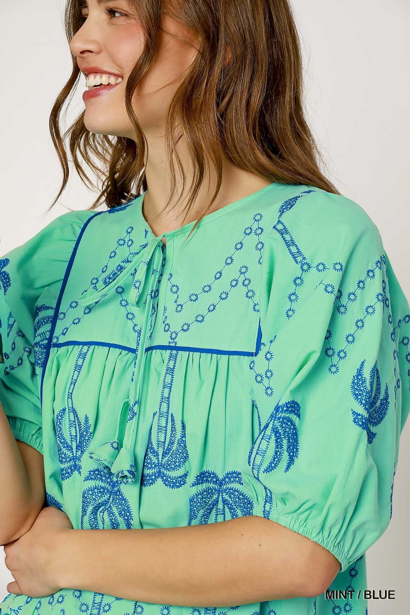 Umgee - Dress - Boho Embroidered Babydoll - Mint Blue