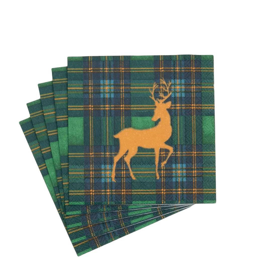 Caspari - Cocktail Napkins - Reindeer Tartan Green