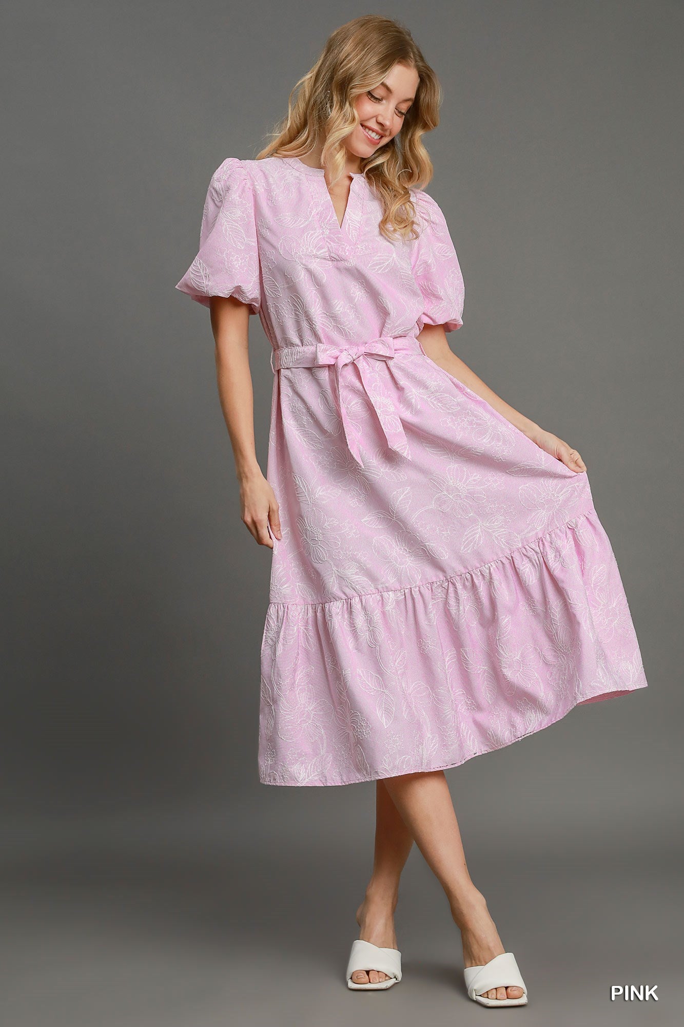 mgee - Top - Lined V-Neck Eyelet Top Flutter Sleeves - Pink