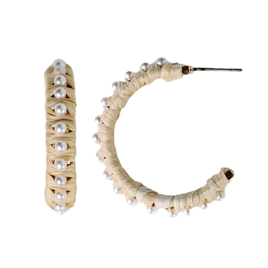 St. Armands- Natural Studded Pearl Raffia Statement Hoop Earrings
