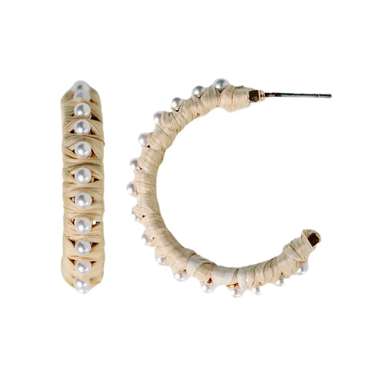 St. Armands - Statement Hoop Earrings - Natural Studded Pearl Raffia - Findlay Rowe Designs