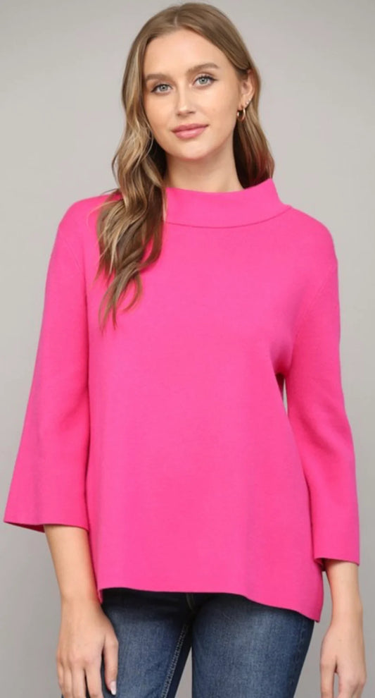 Mock Neck Pull Over Sweater Bell Sleeve - Fuchsia - Findlay Rowe Designs