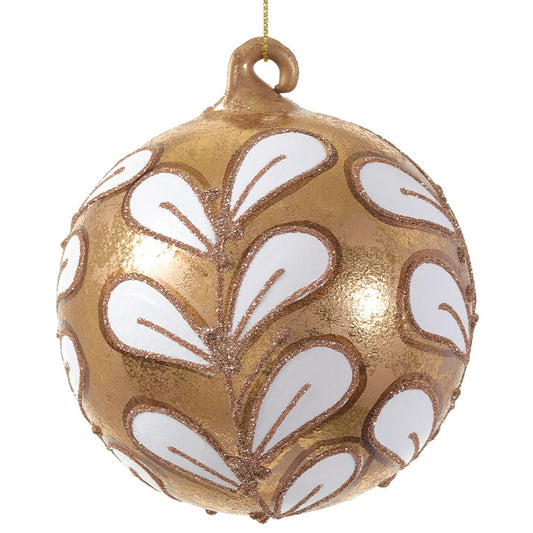 Ornament - 4"glittered Glass Ball - Gold White