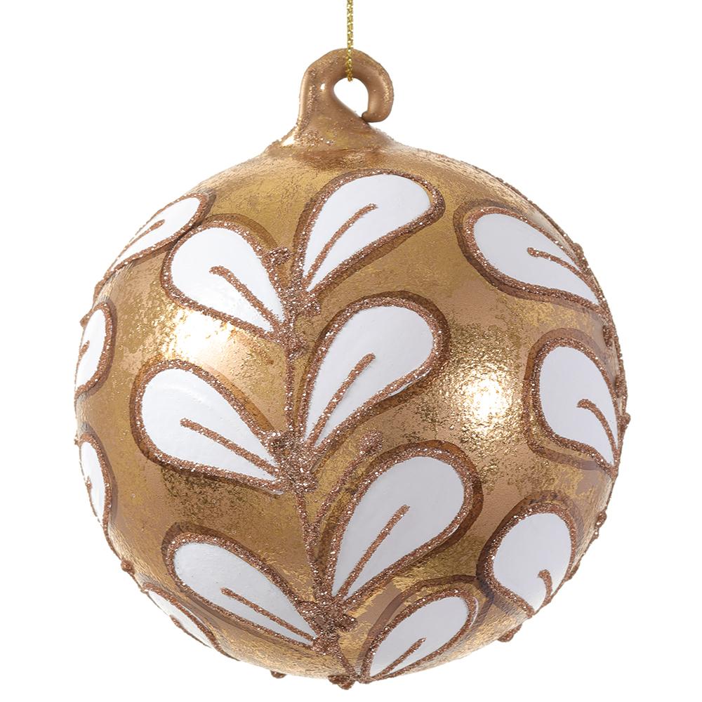 Ornament - 4"glittered Glass Ball - Gold White