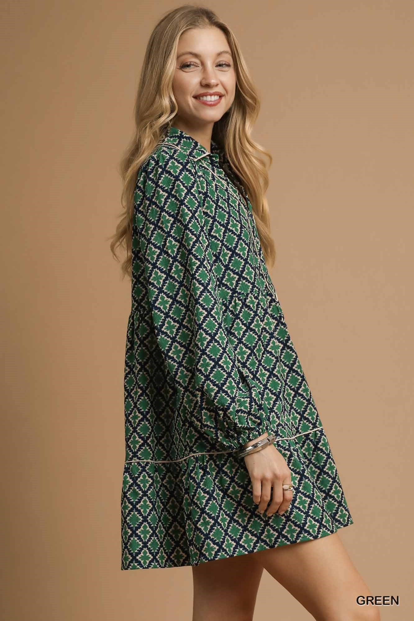 Umgee - Dress - Retro Geo Print Tiered Tunic - Green - Findlay Rowe Designs