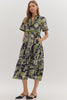 Entro - Dress - Floral Contrast Trim Midi - Navy Green