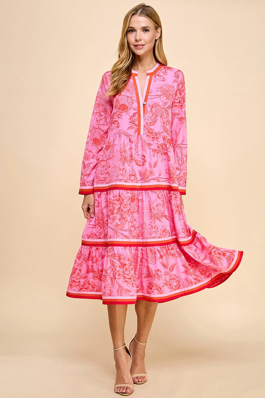 Dress - Floral Print Tiered Midi - Pink - Findlay Rowe Designs