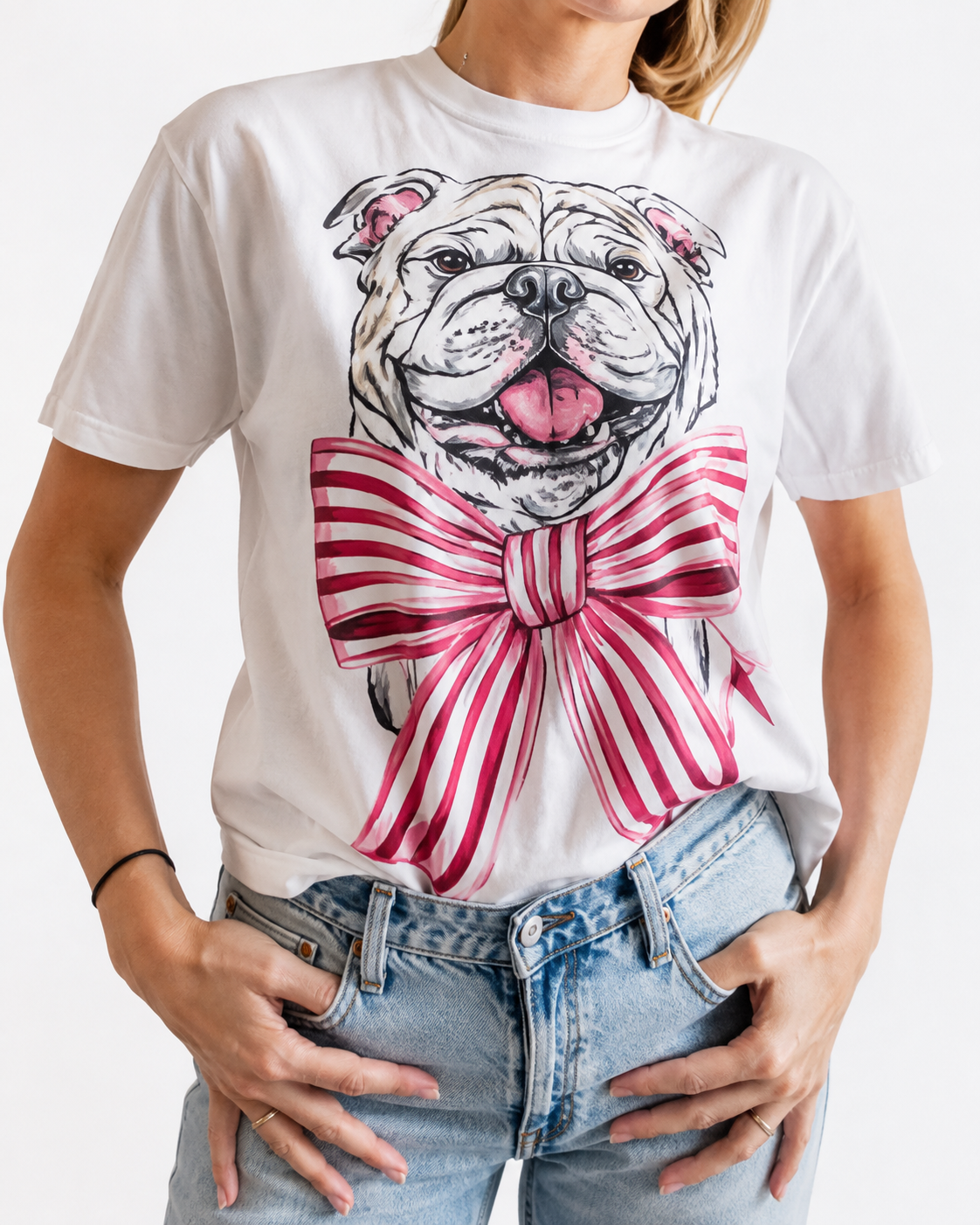 Tee - Comfort Colors - Bulldog with Bow - Pink Red