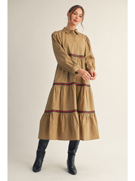 Dress - Midi Tape Trim Accent - Taupe