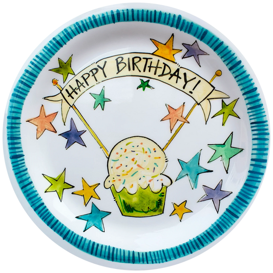Plate - Happy Birthday - Cupcake - Blue Edge