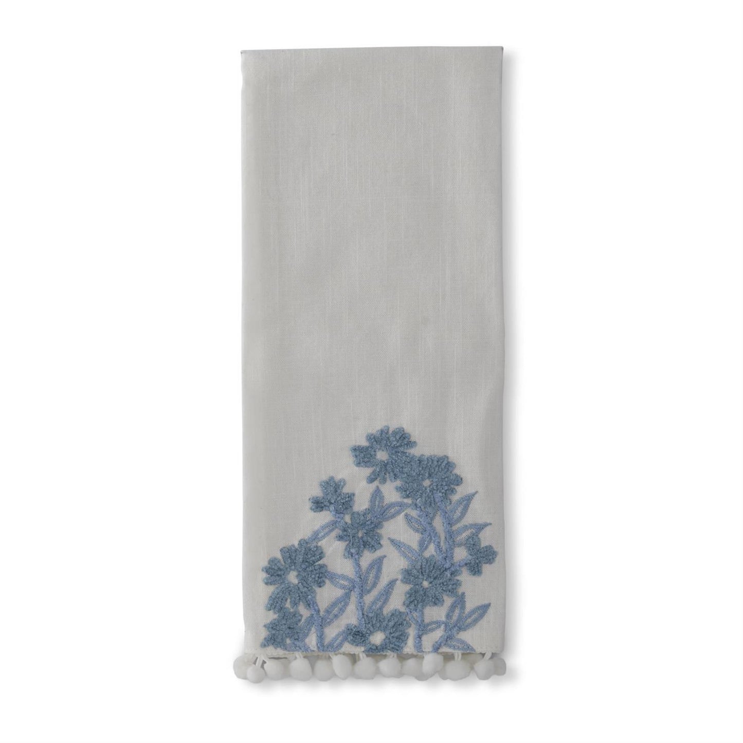 Hand Towel - Embroidered Floral - White Linen & Blue - Findlay Rowe Designs