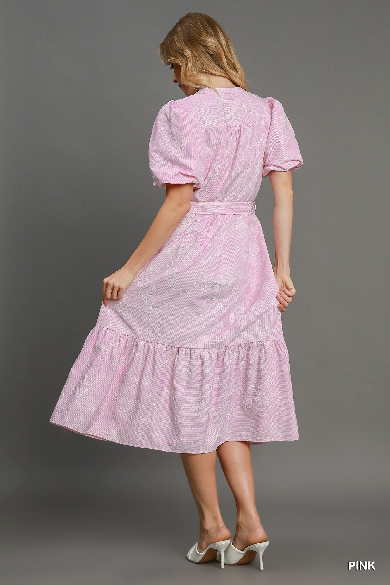 mgee - Top - Lined V-Neck Eyelet Top Flutter Sleeves - Pink