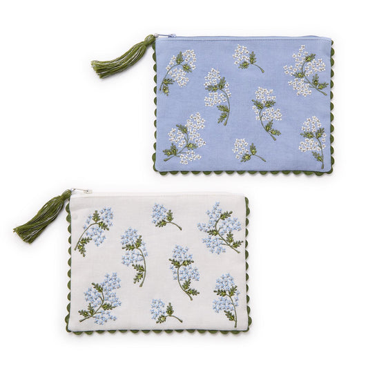Pouch - Hydrangea Embroidered - White or Blue - Findlay Rowe Designs