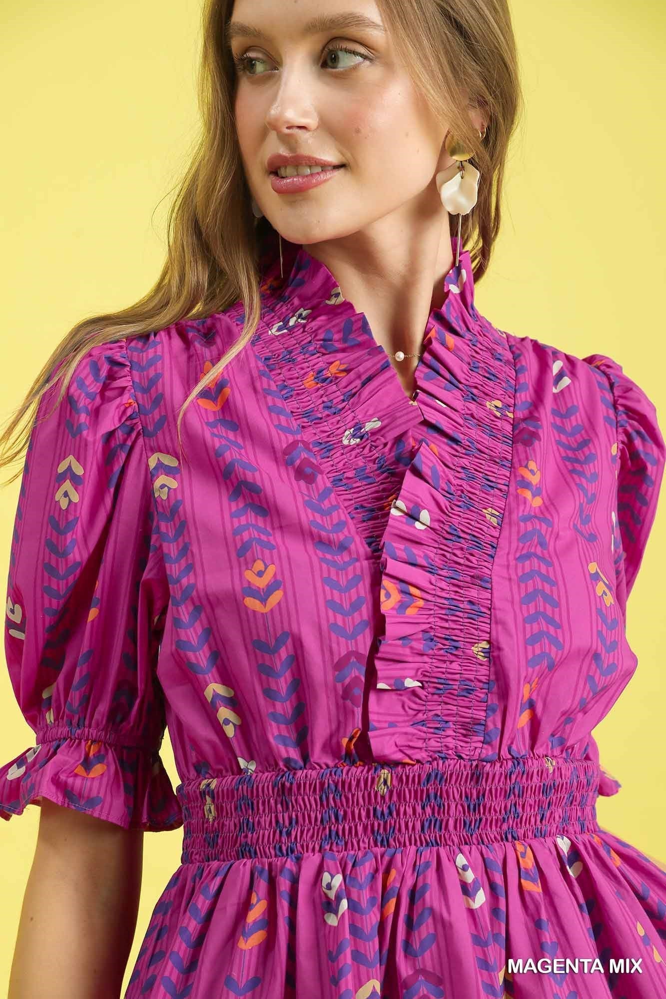 Umgee - Top - Smocked Waist Printed Blouse - Magenta - Findlay Rowe Designs
