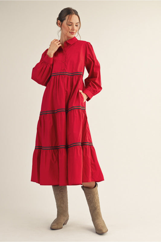 Jodifl - Dress - Long Sleeve Tiered Midi - Red