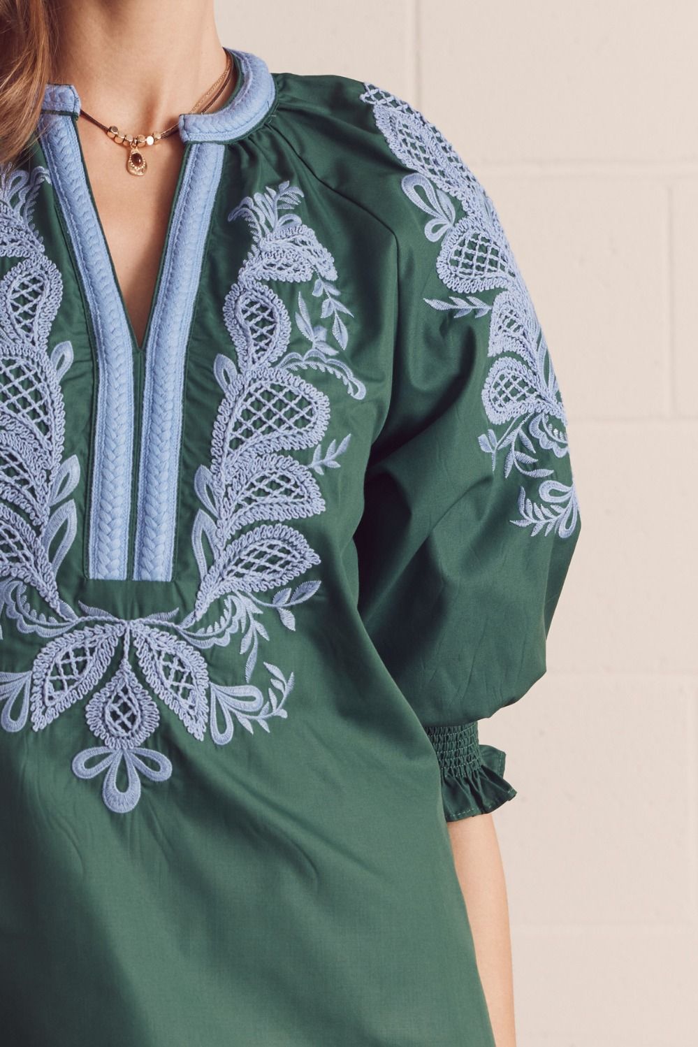 Entro - Top - V-Neck Contrast Embroidered - Green Blue - Findlay Rowe Designs