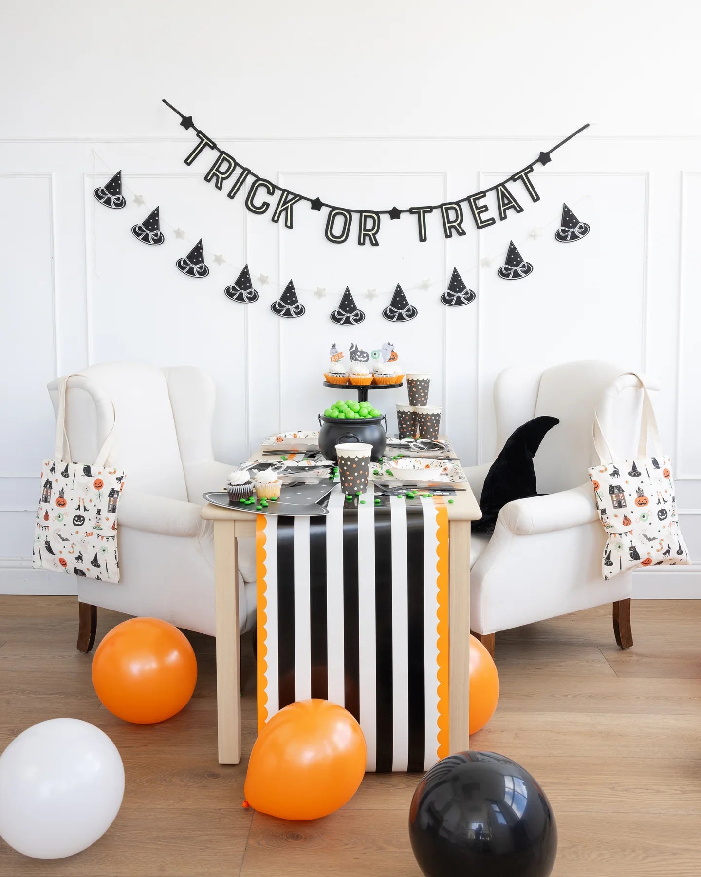 Table Runner - Black White Stripes Orange Border