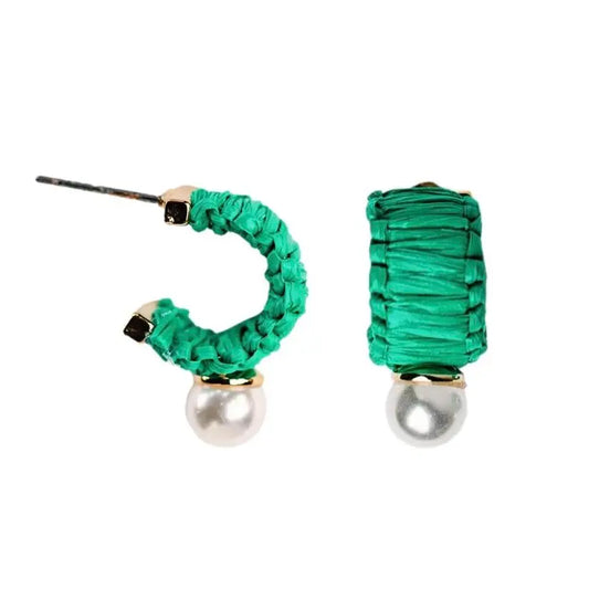 St. Armands- Mini Green Raffia and Pearl Huggie Hoop Earrings