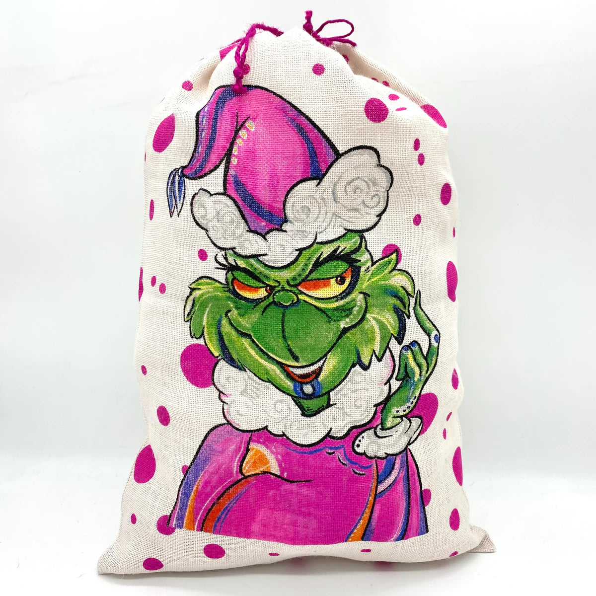 Santa Sack - Pink With Green Grinch - Jute - Findlay Rowe Designs