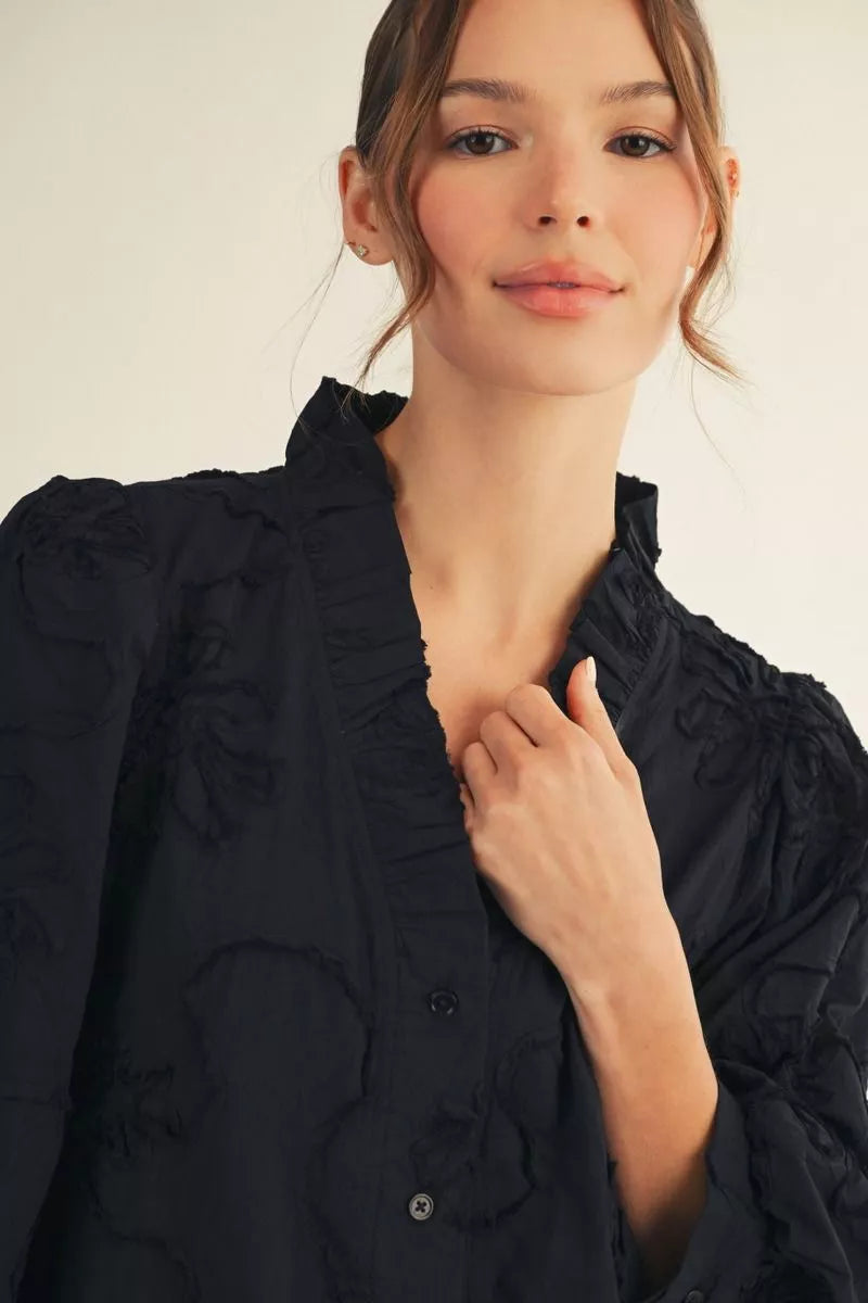 Dress - Puff Sleeve 3D Floral - Black