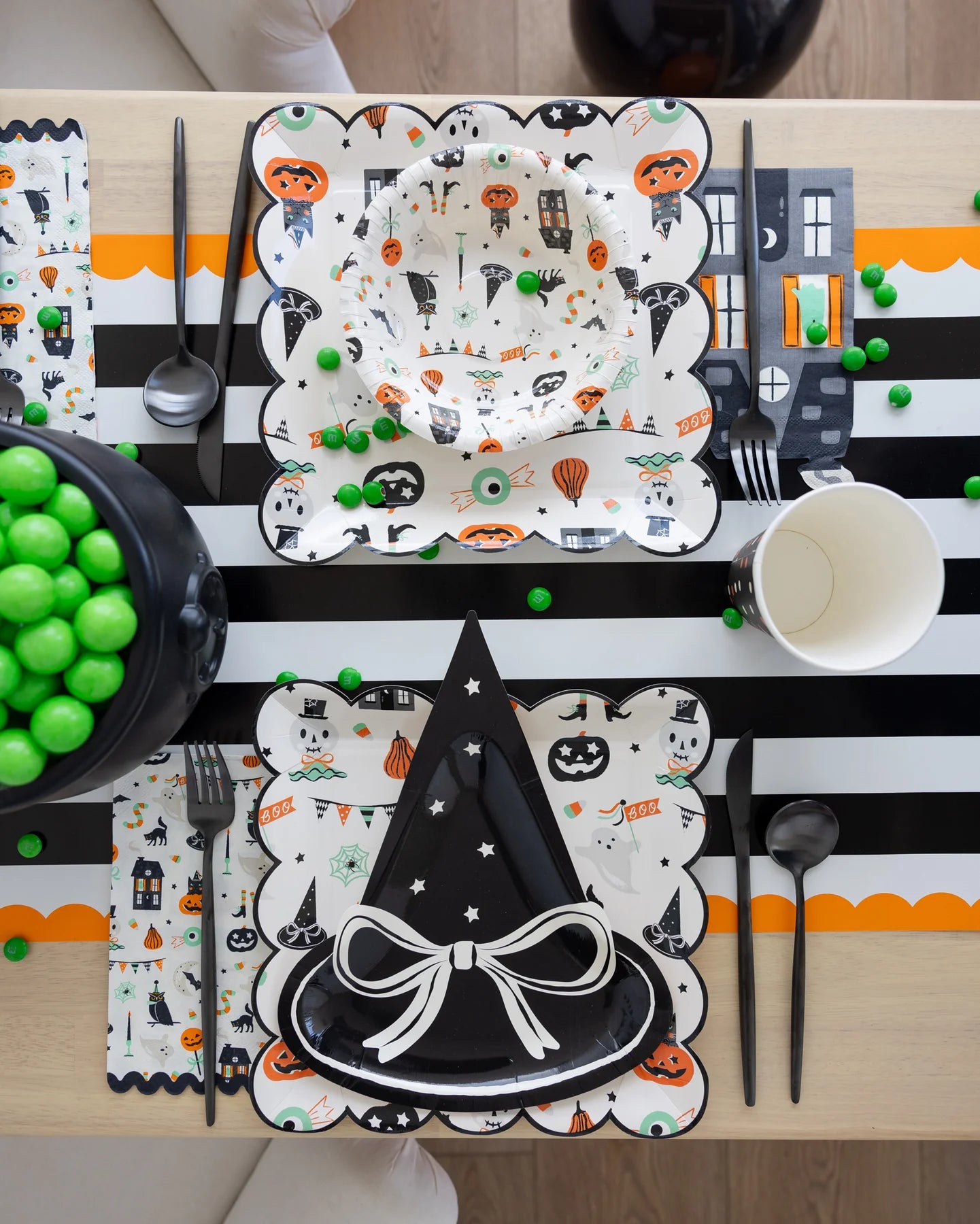 Table Runner - Black White Stripes Orange Border