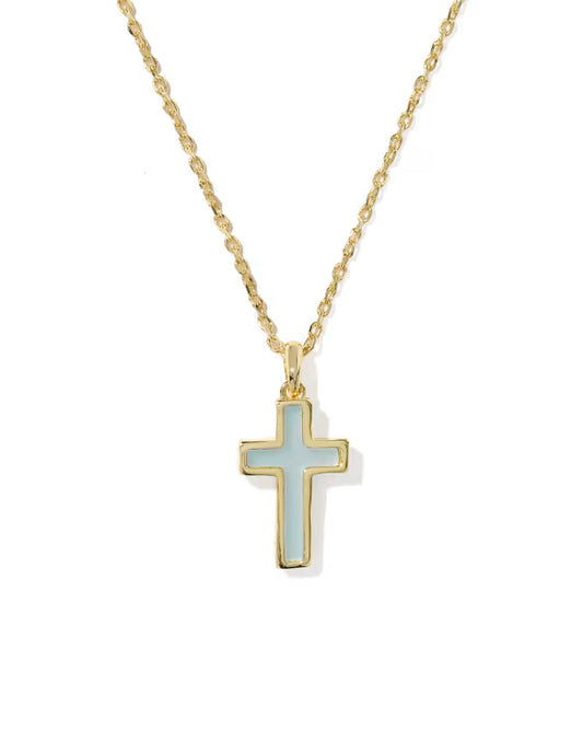 Kendra Scott - Necklace - Cross Gold Pendant - Matte Light Blue Dichroic Glass - Findlay Rowe Designs