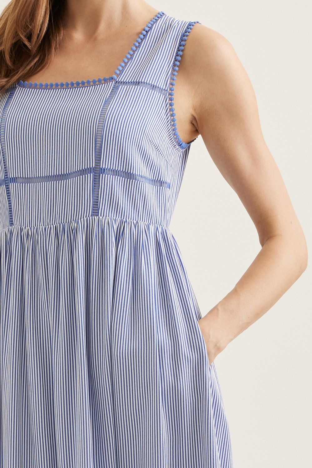 Entro - Dress - Midi Sleeveless Striped Cutout Embroidery - Navy - Findlay Rowe Designs