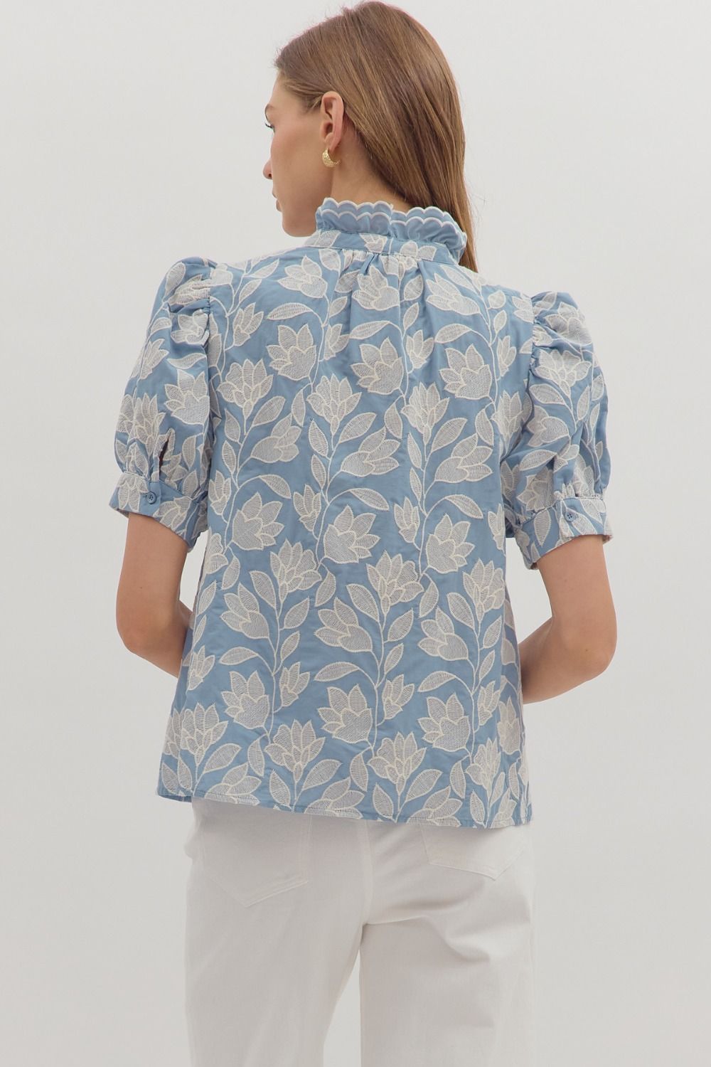 Entro - Top - Botanical Embroidery Puff Sleeve - Chambray - Findlay Rowe Designs