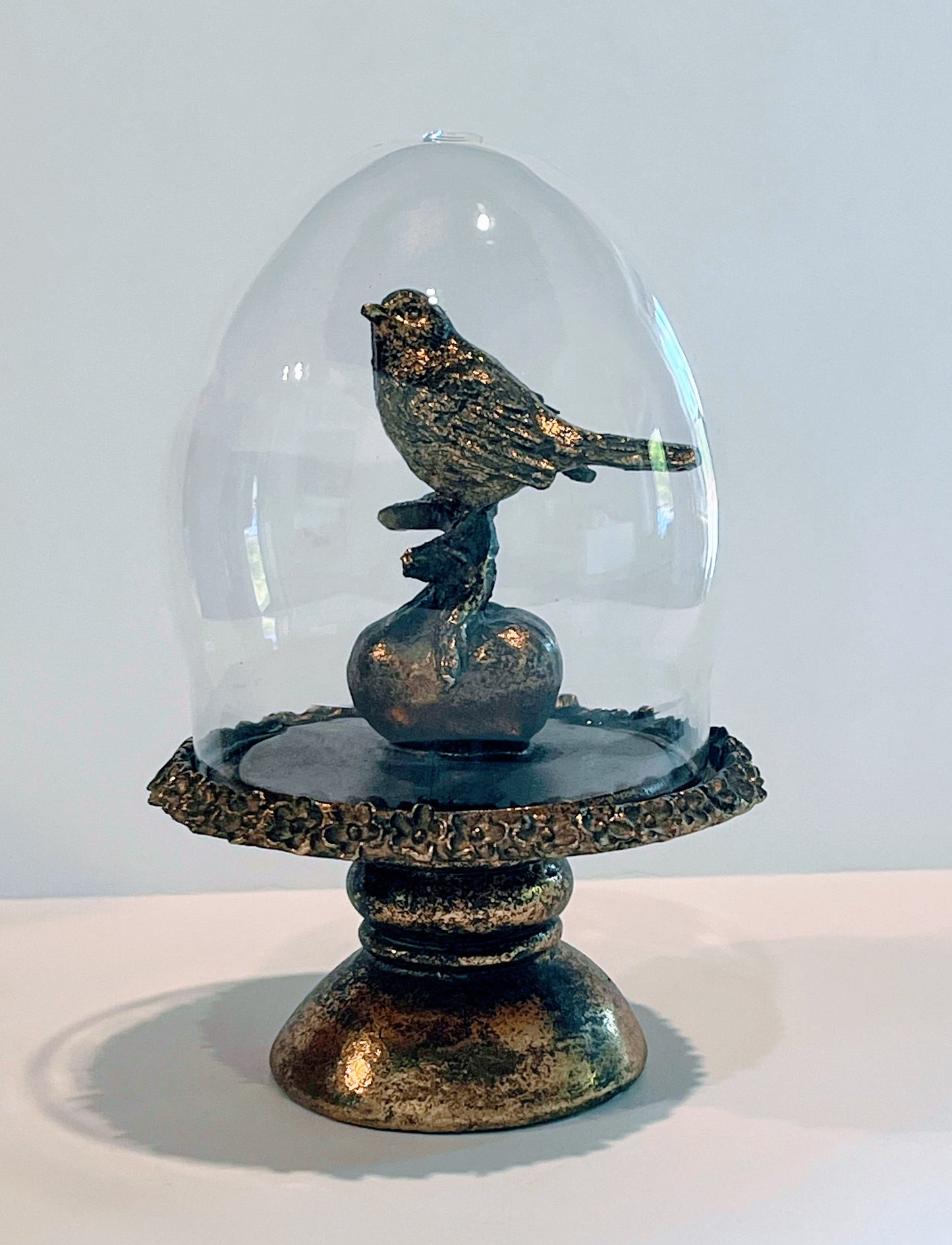 Glass Cloche - Gold Bird on Pedestal - 6.5 Inch - Findlay Rowe Designs