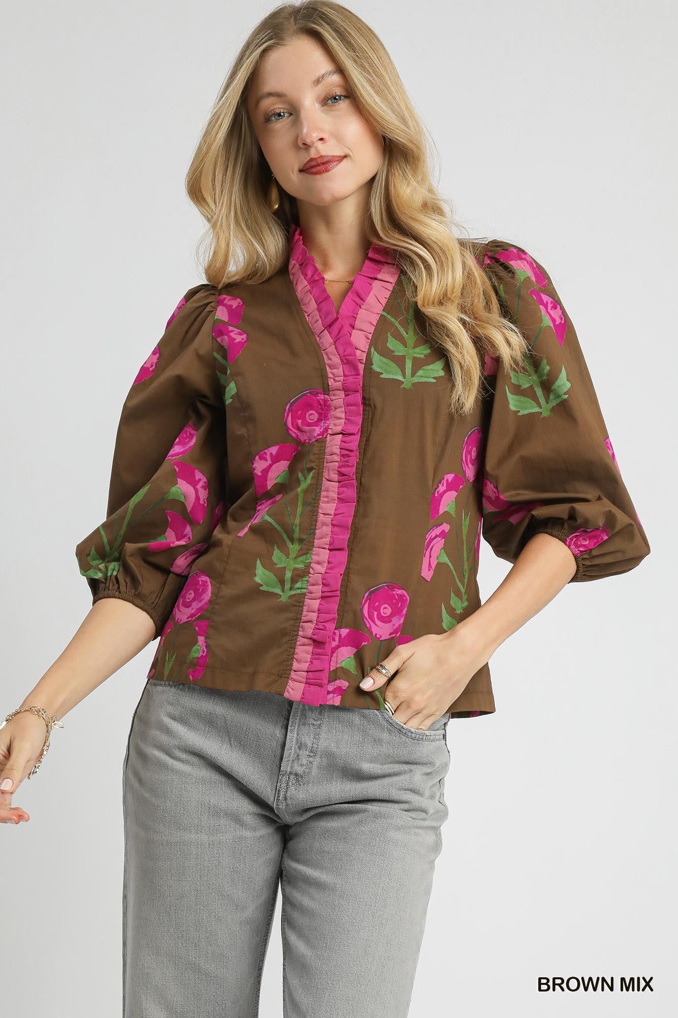 Umgee - Top - Floral Print Ruffle - Brown Mix