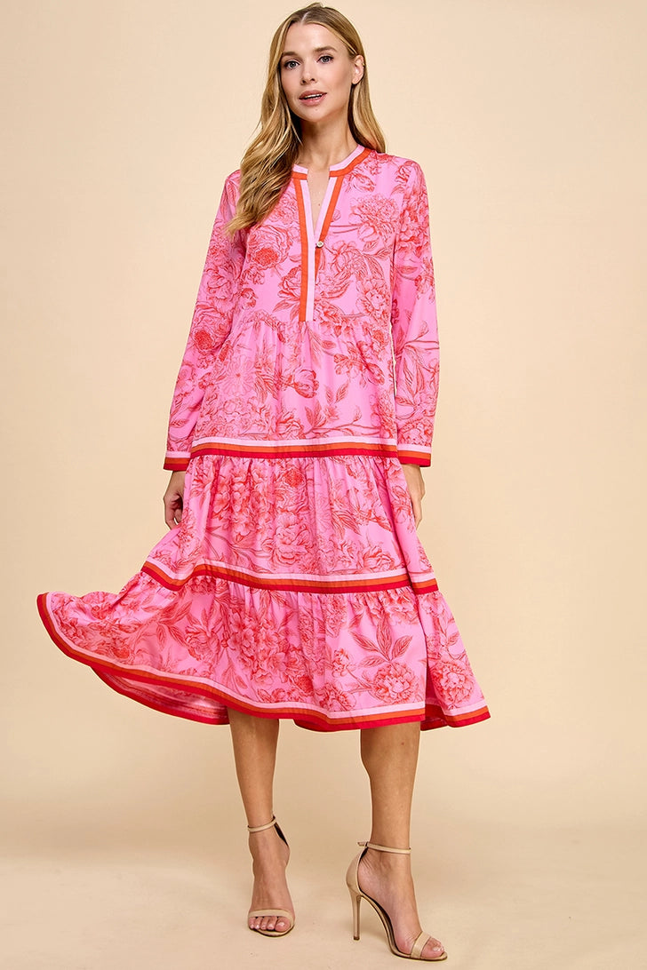 Dress - Floral Print Tiered Midi - Pink - Findlay Rowe Designs