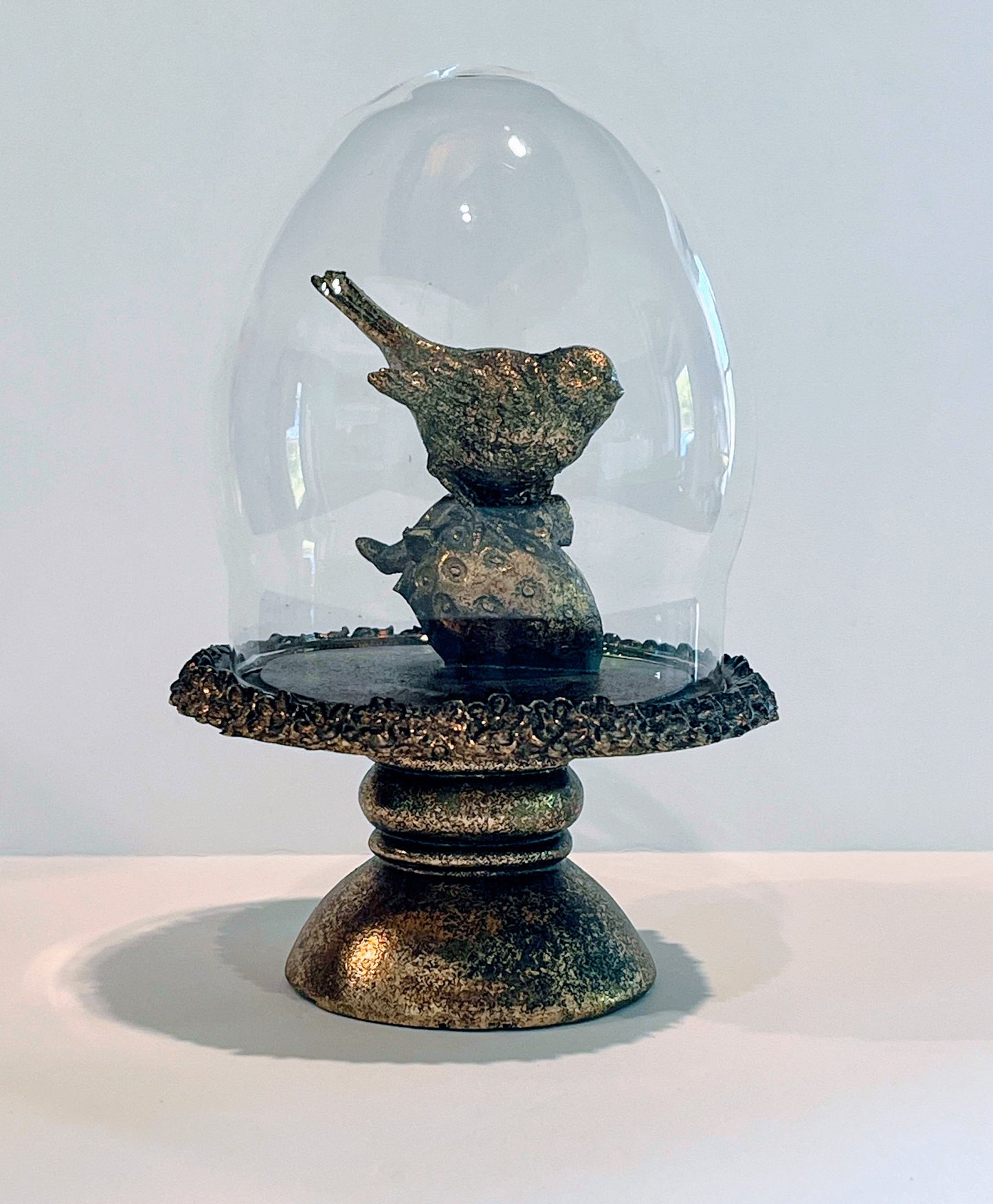 Glass Cloche - Gold Bird on Pedestal - 6.5 Inch - Findlay Rowe Designs