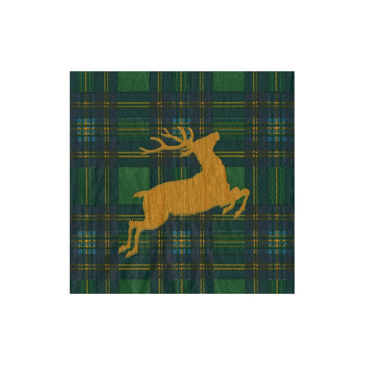 Caspari - Cocktail Napkins - Reindeer Tartan Green
