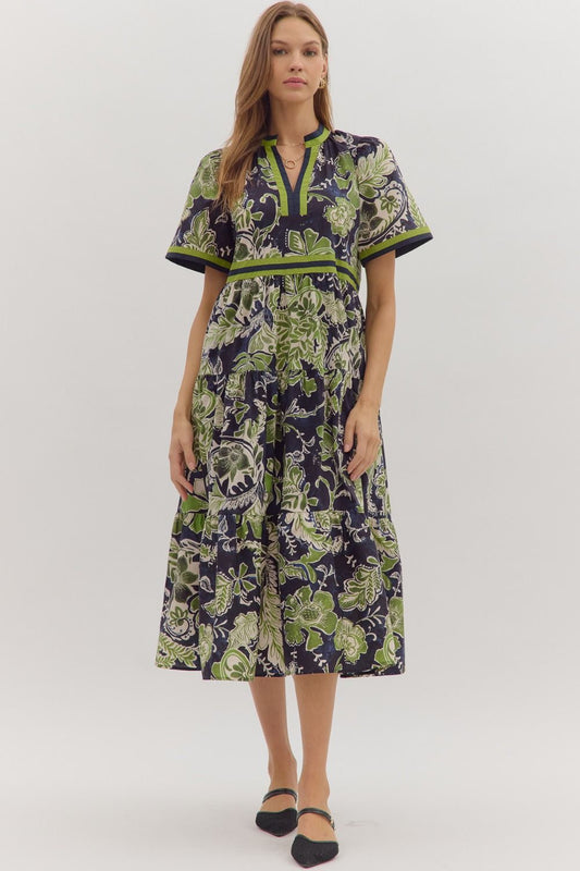 Entro - Dress - Floral Contrast Trim Midi - Navy Green