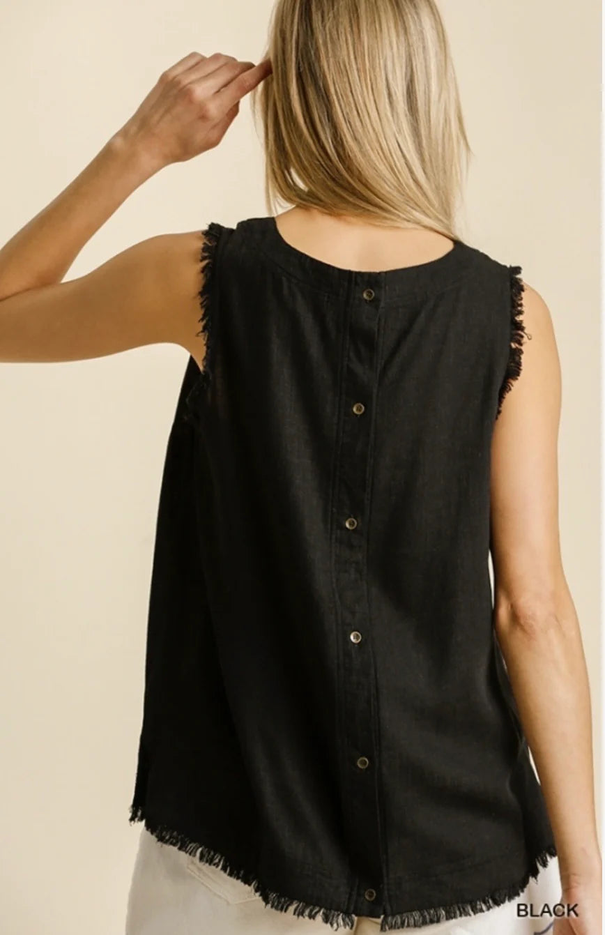Umgee - Top - Back Button Down Sleeveless Frayed Hem - Orchid Blue