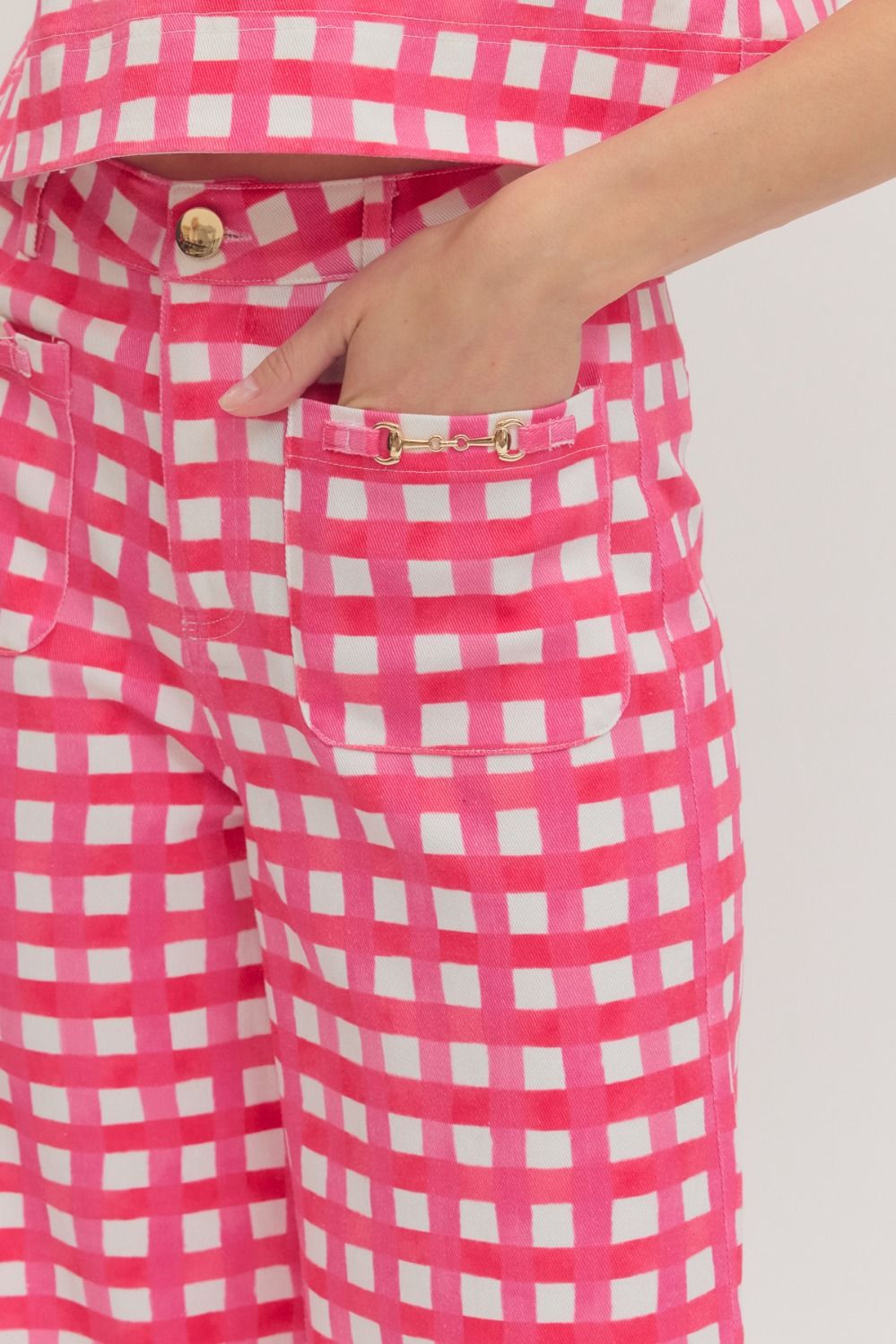 Entro - Pants - Ankle Length Plaid - Horsebit Accent - Pink White - Findlay Rowe Designs